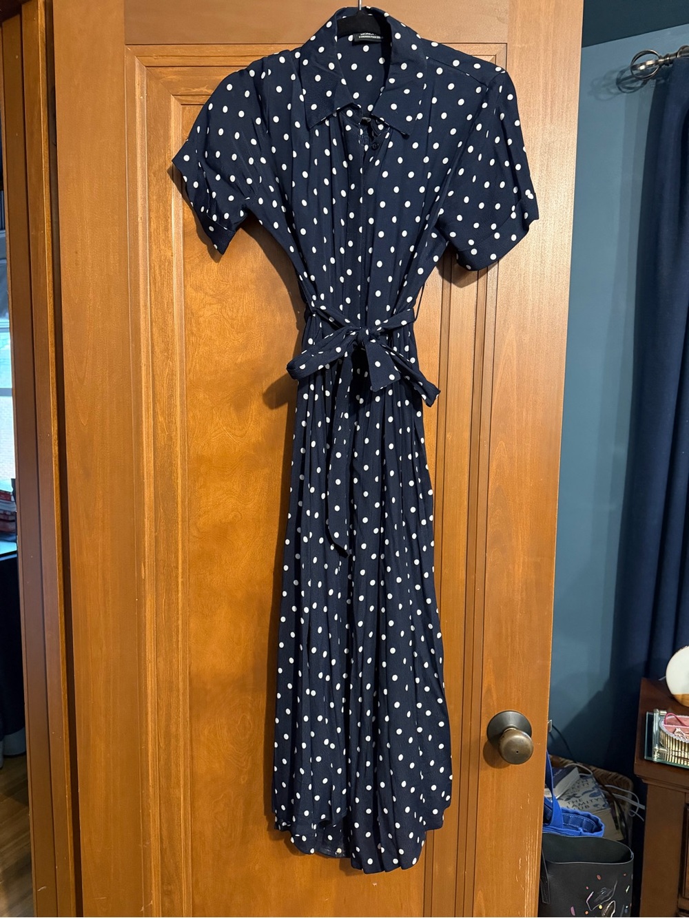 Monoprix Navy Polka Dot Tie-Waist Midi Dress